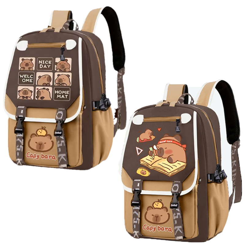 School Backpack Teen - Kawaii Capybara أنيق الكاكي طفل على